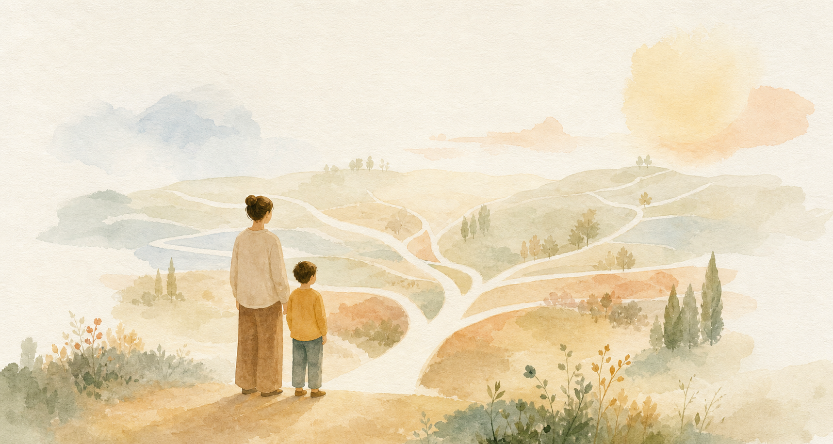 A child and adult standing before a branching life map.