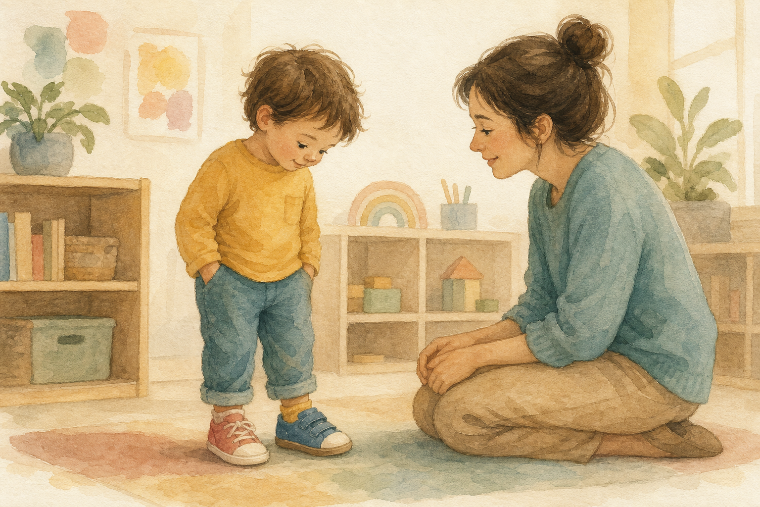A minimal watercolor line drawing of a child wearing mismatched shoes while an adult kneels calmly nearby.