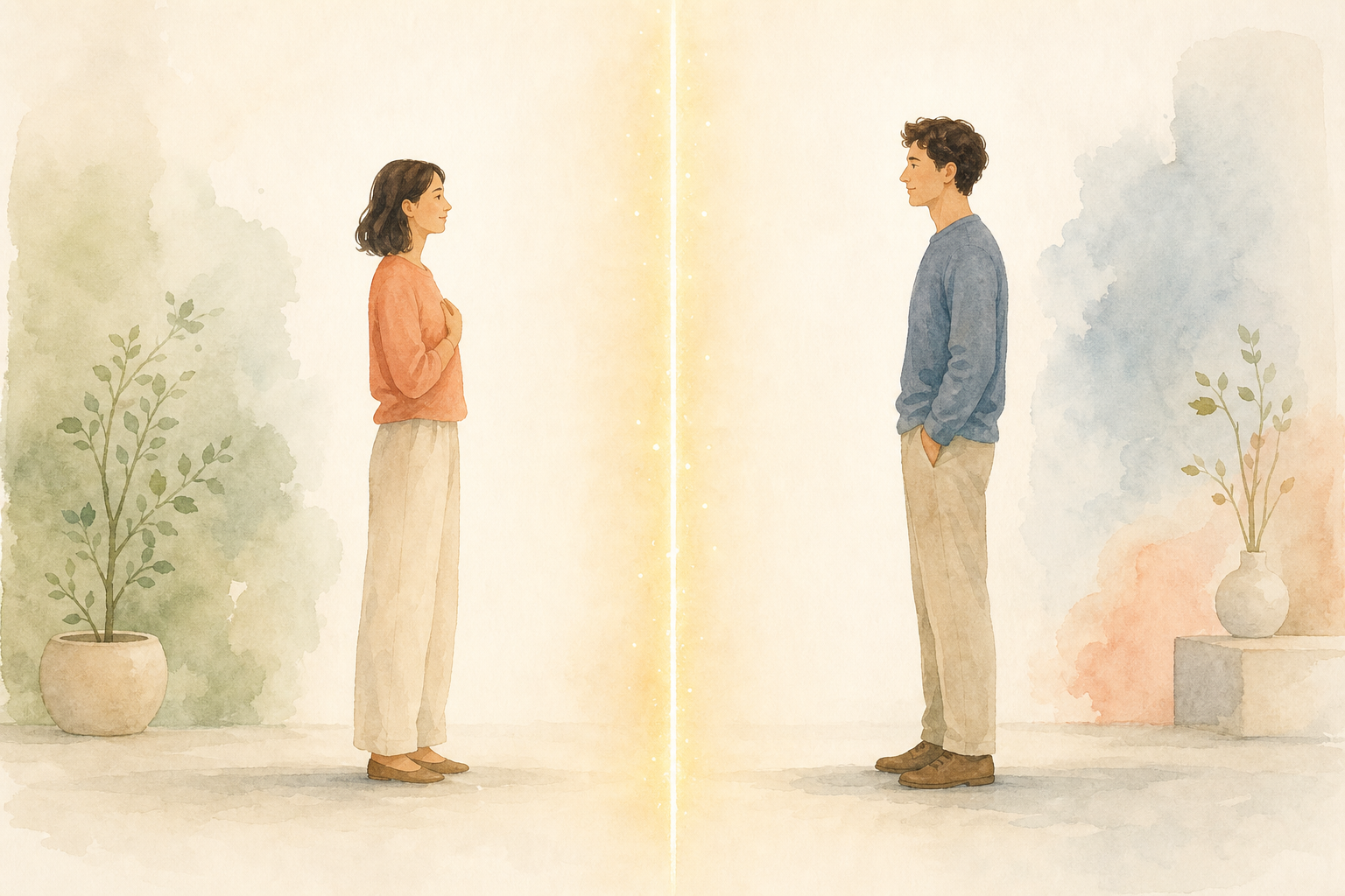A minimal watercolor line drawing of two people standing calmly with a boundary line between them.