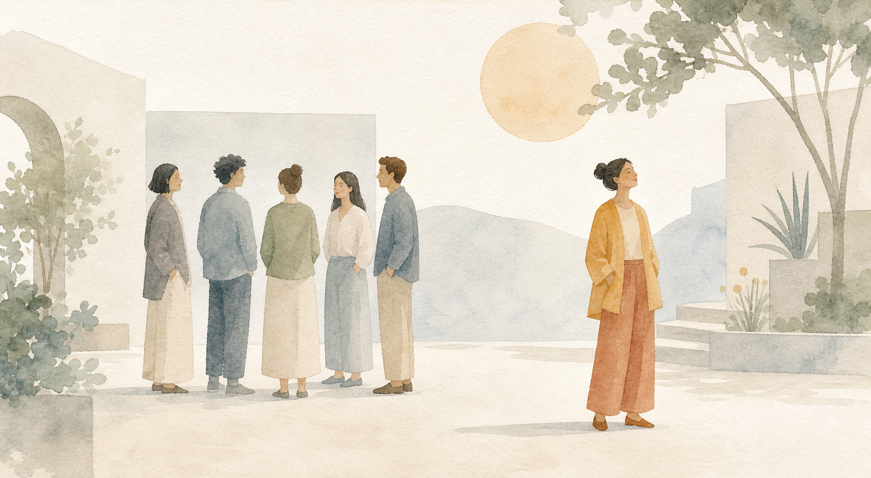 One person standing apart from a group.