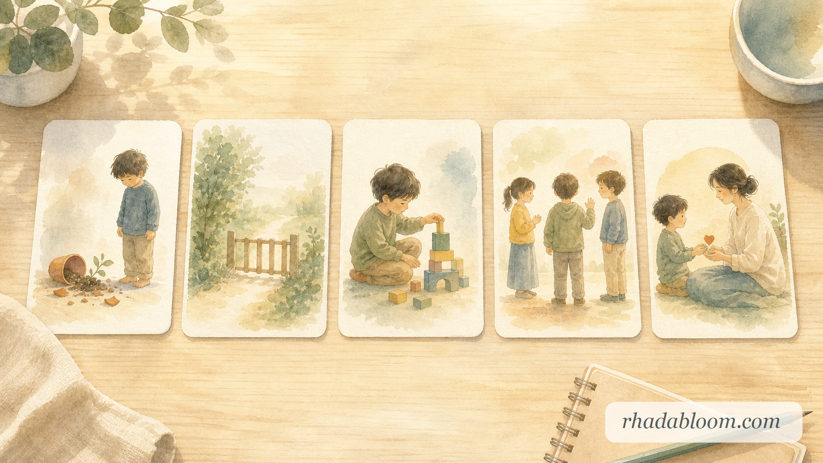 Minimal watercolor painting of five learning-lens cards, signed rhadabloom.com.