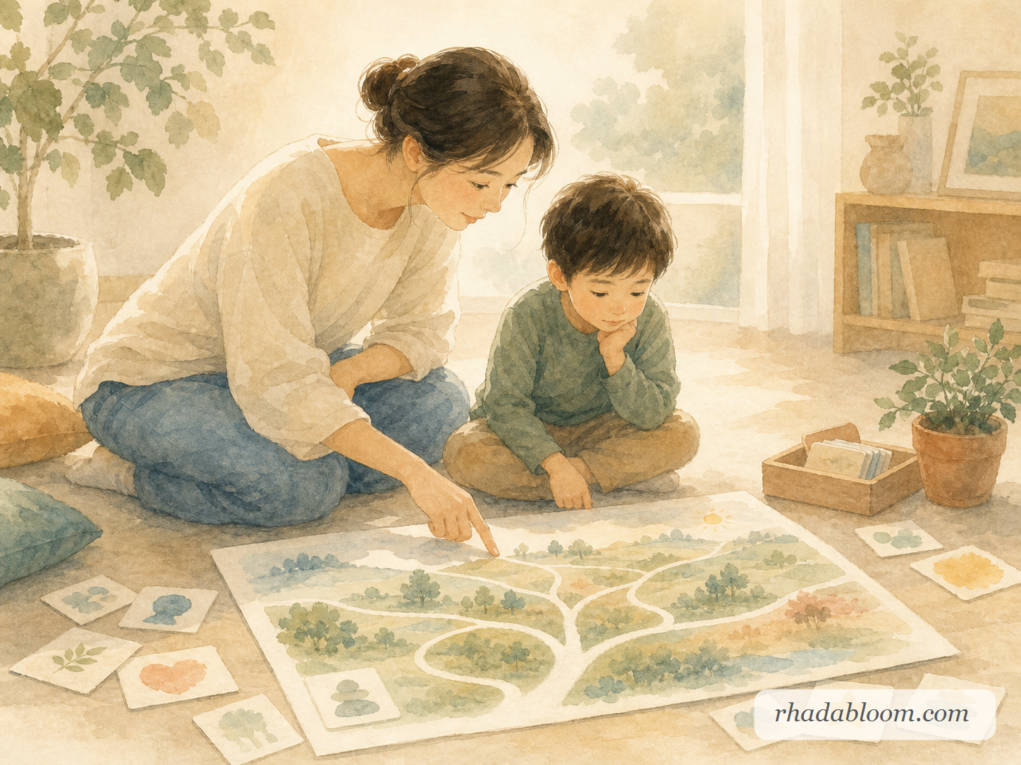 A parent and child looking at a learning map.