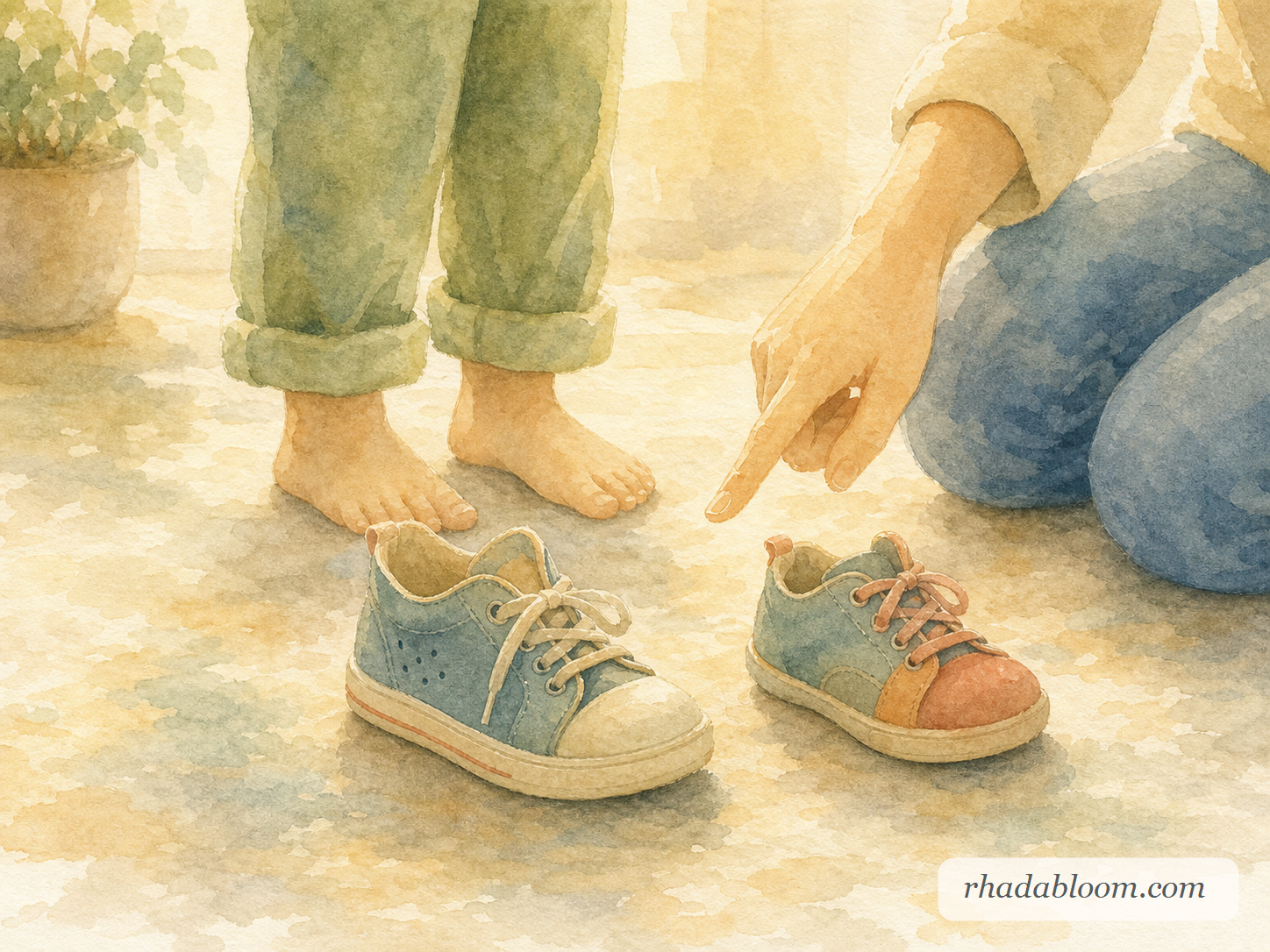 Minimal watercolor painting of mismatched child shoes, signed rhadabloom.com.