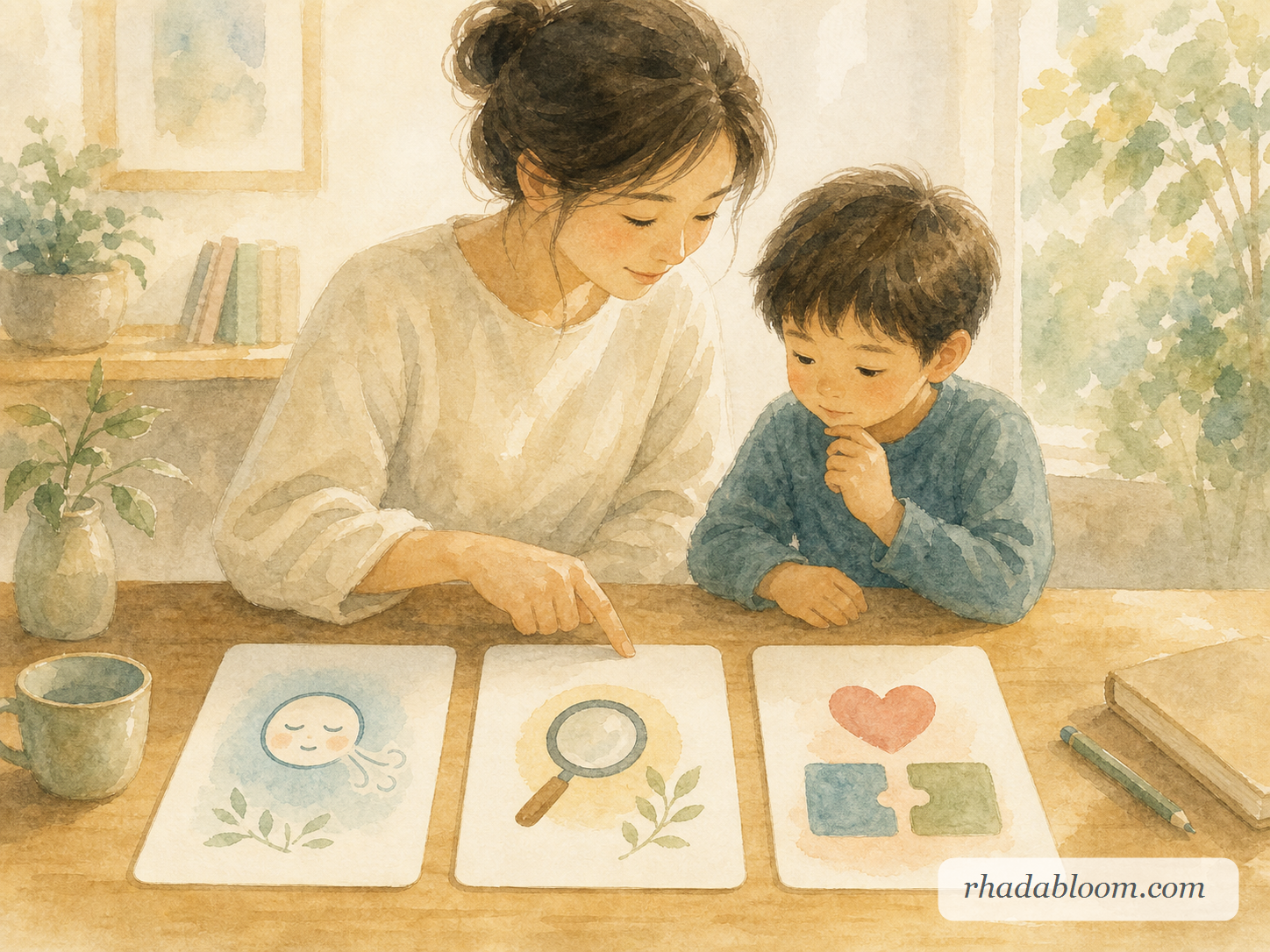 Minimal watercolor painting of a repair routine, signed rhadabloom.com.